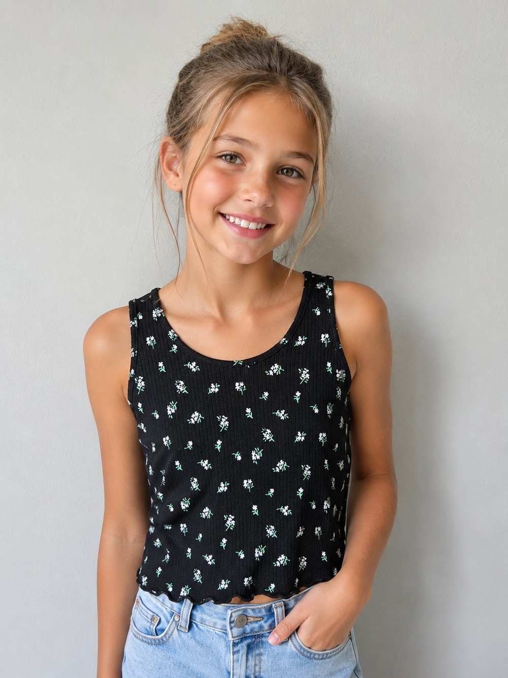 *NWT* wonder nation Black Floral Ribbed Tank Top with White and Green Accents